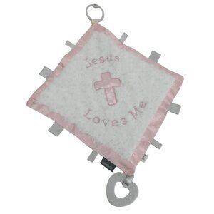Demdaco Jesus Loves Me Lovey Lovie Security Blanket Teether Taggie White Pink